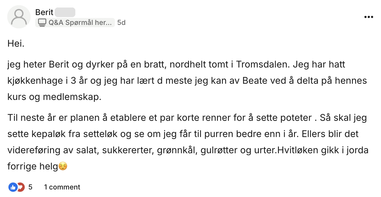 Innlegg fra Berit i Puslehagen-fellesskapet