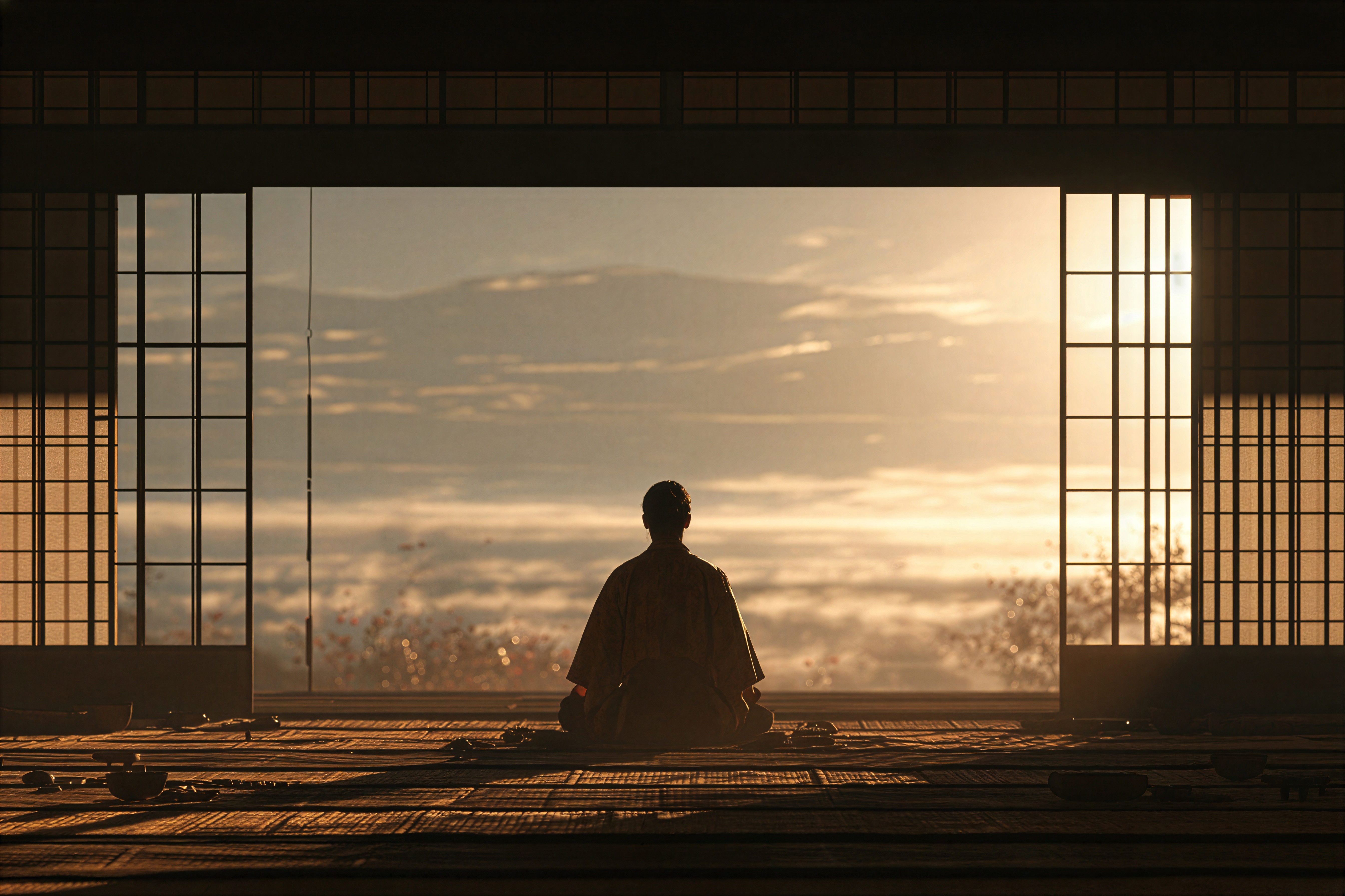 朝焼けの空と雲海に向かって、広間で坐る人