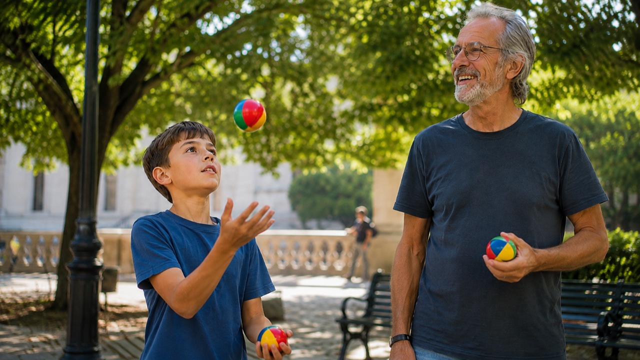 An older man mentoring a young boy in juggling, illustrating how a master teacher's guidance helps us hear the right voice above the noise