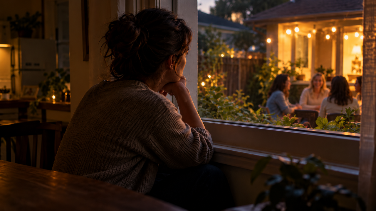 A woman sits by a window looking longingly toward a neighbor’s gathering, representing the isolation and hidden reality of an abusive marriage.