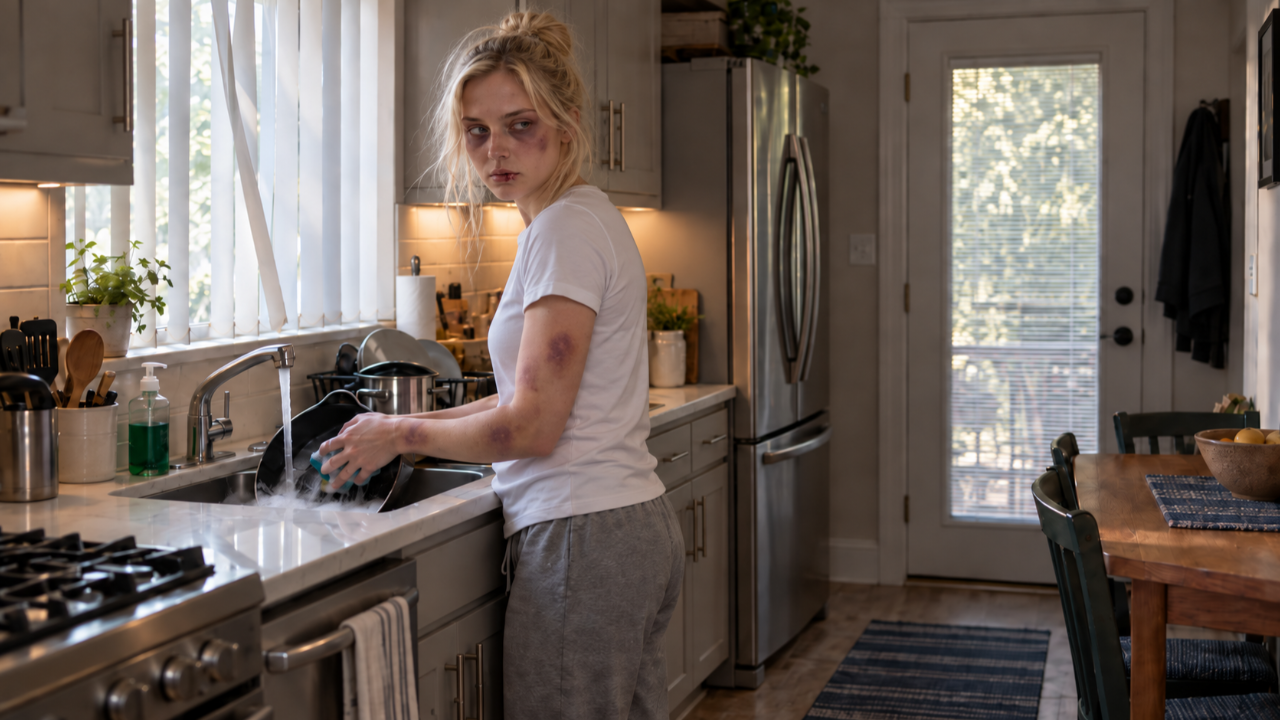 Bailey washes dishes in a quiet kitchen after escaping her abusive husband, still visibly bruised and watchful as she struggles to believe she is finally free.