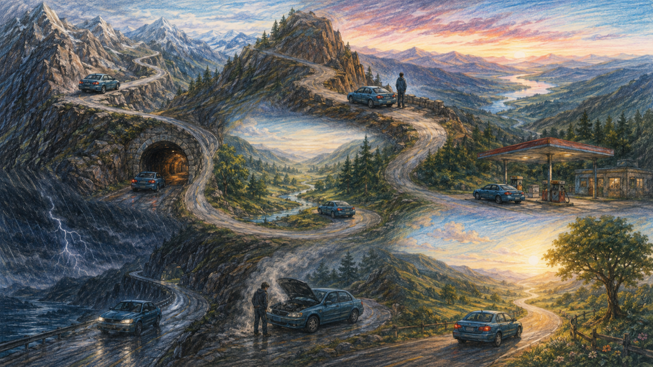 A winding road leading through changing landscapes of mountains and valleys, representing transformation as an ongoing journey rather than a destination