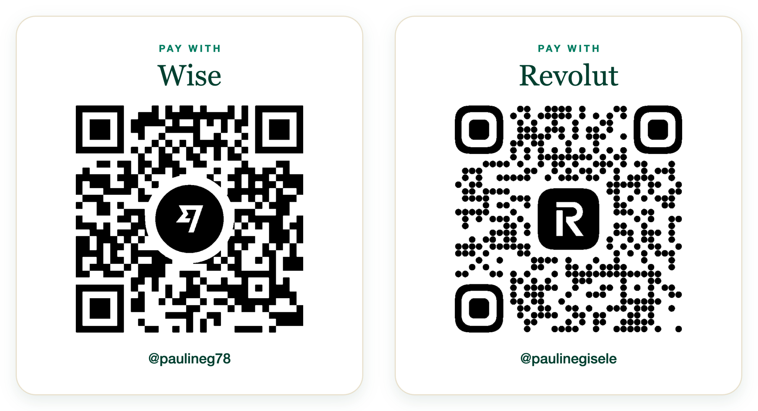 QR codes to pay with Wise (@paulineg78) or Revolut (@paulinegisele)