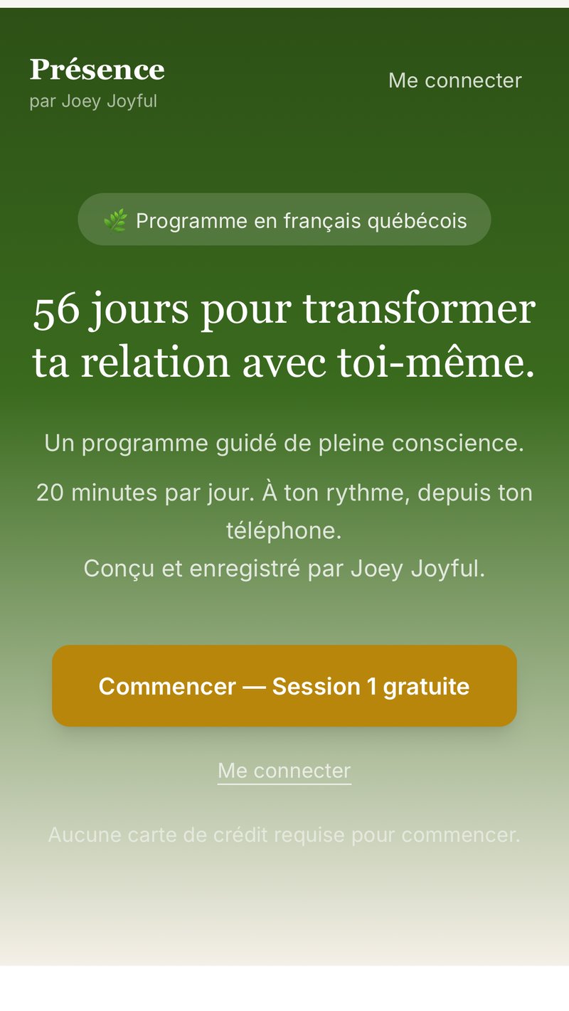Page d'accueil de Présence — 56 jours pour transformer ta relation avec toi-même