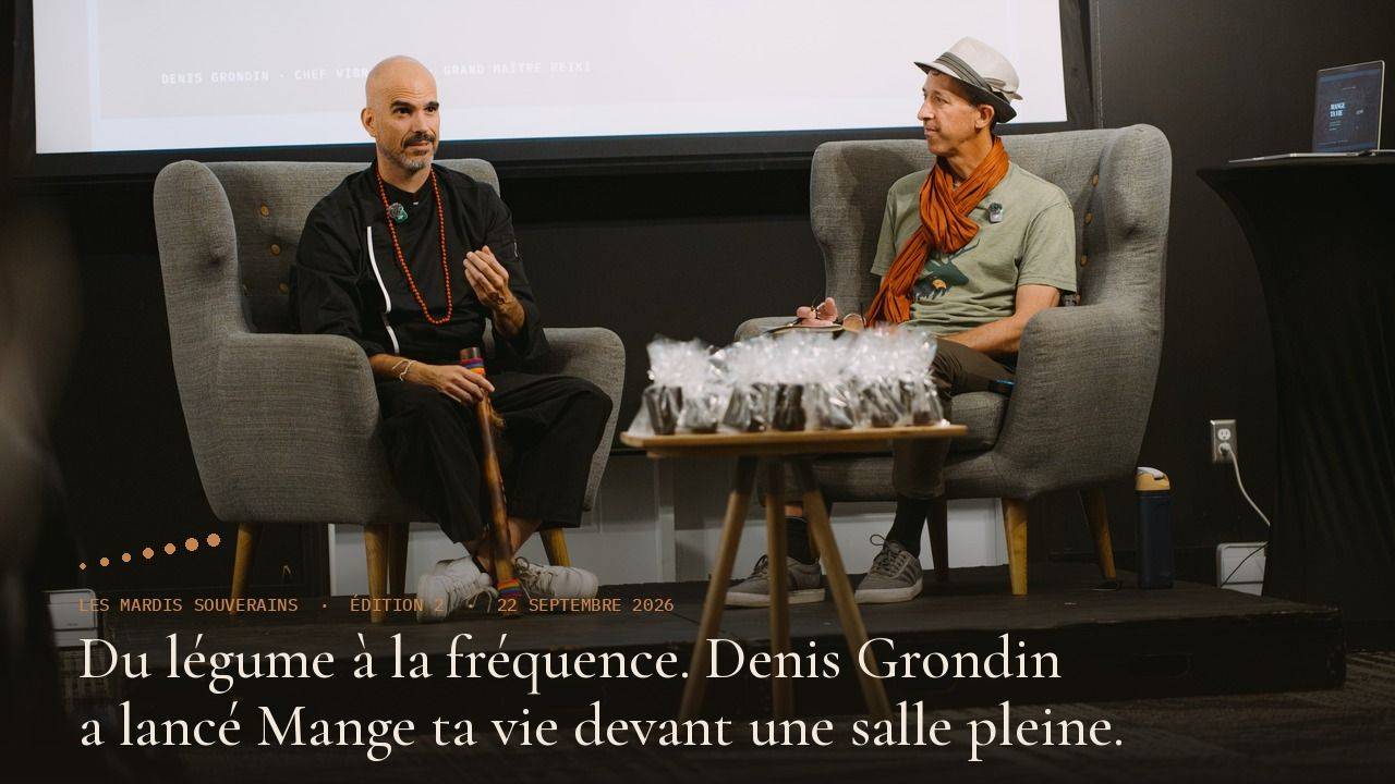 Scène de la deuxième édition des Mardis Souverains, lancement de Mange ta vie par Denis Grondin, Impéria Saint-Eustache, 22 septembre 2026