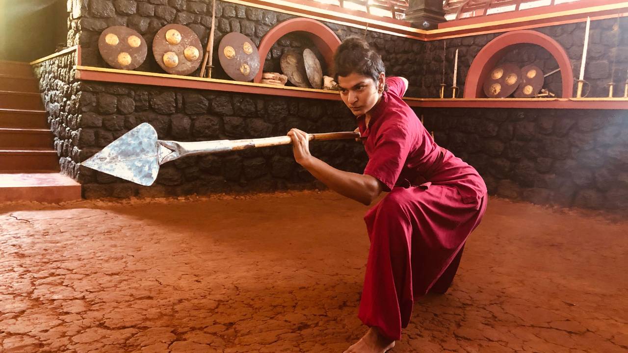 Kalaripayattu instructor Lalita Yagnik demonstrating the ancient Indian martial art of Kalaripayattu.