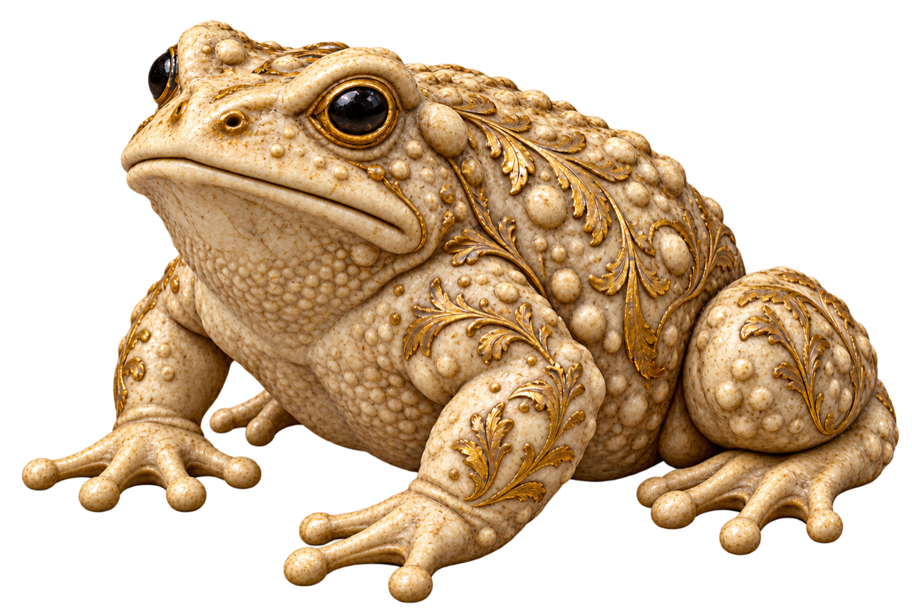A carved ivory toad with gold leaf
