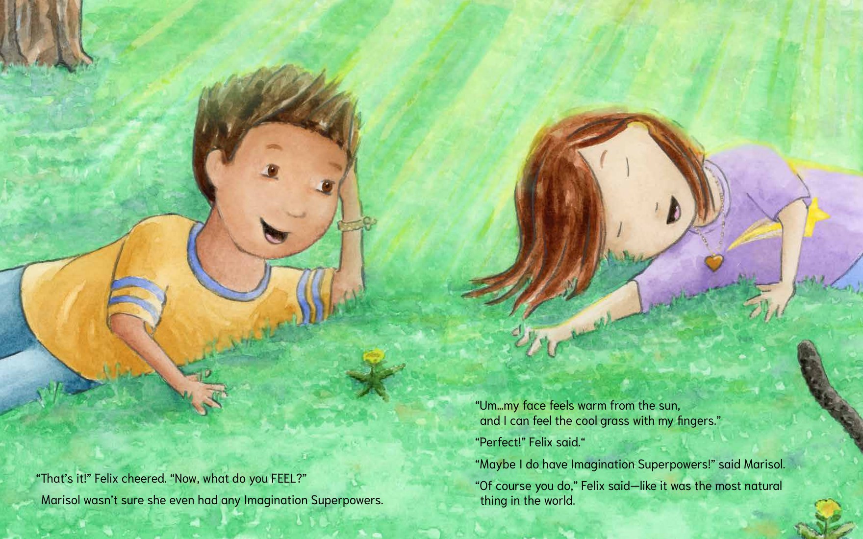 Marisol and Felix lie on the sunny grass feeling the warm sun and cool grass