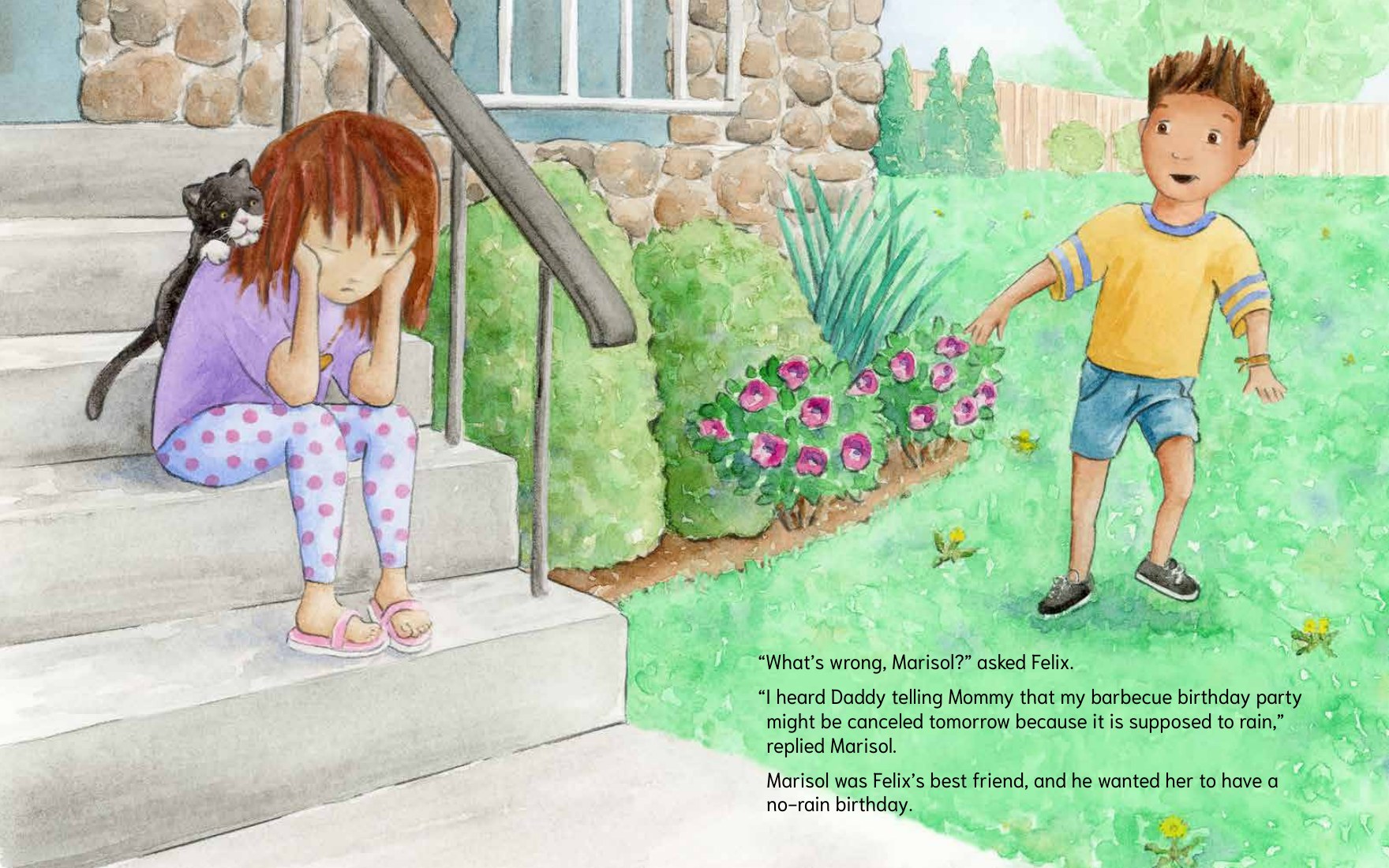 Marisol sits on the front steps holding her head while Felix runs over to ask what is wrong