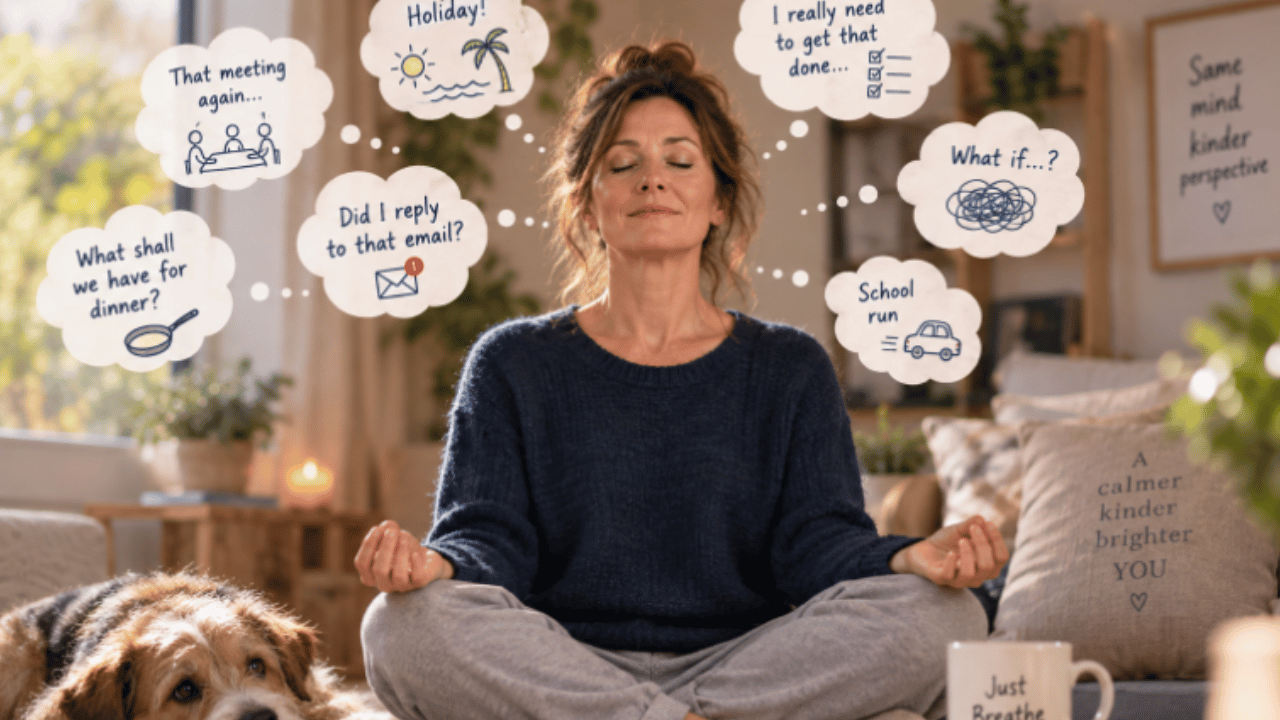 Woman meditating with busy mind contents floating around her