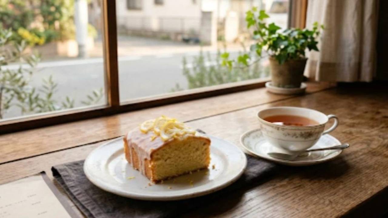 Cup of tea and slice of cake on a table