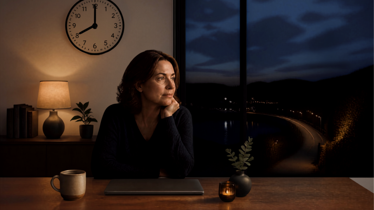 Woman with closed laptop still thinking about work at 8pm