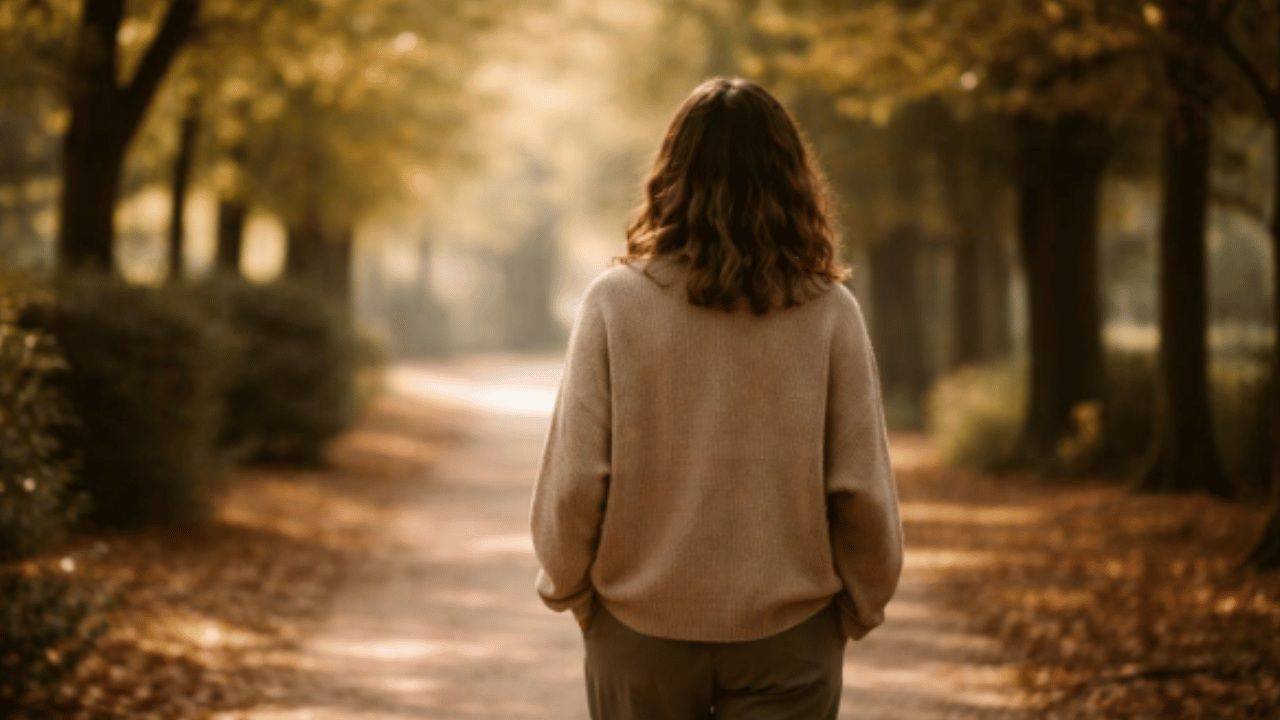 Woman walking along a woodland path, representing letting go of the past and moving forward.