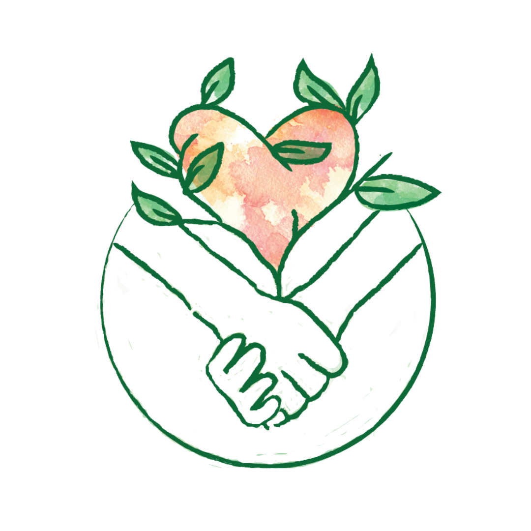 Illustrated hands embracing a heart with green leaves, symbolizing sustainable mental health care and emotional growth for children