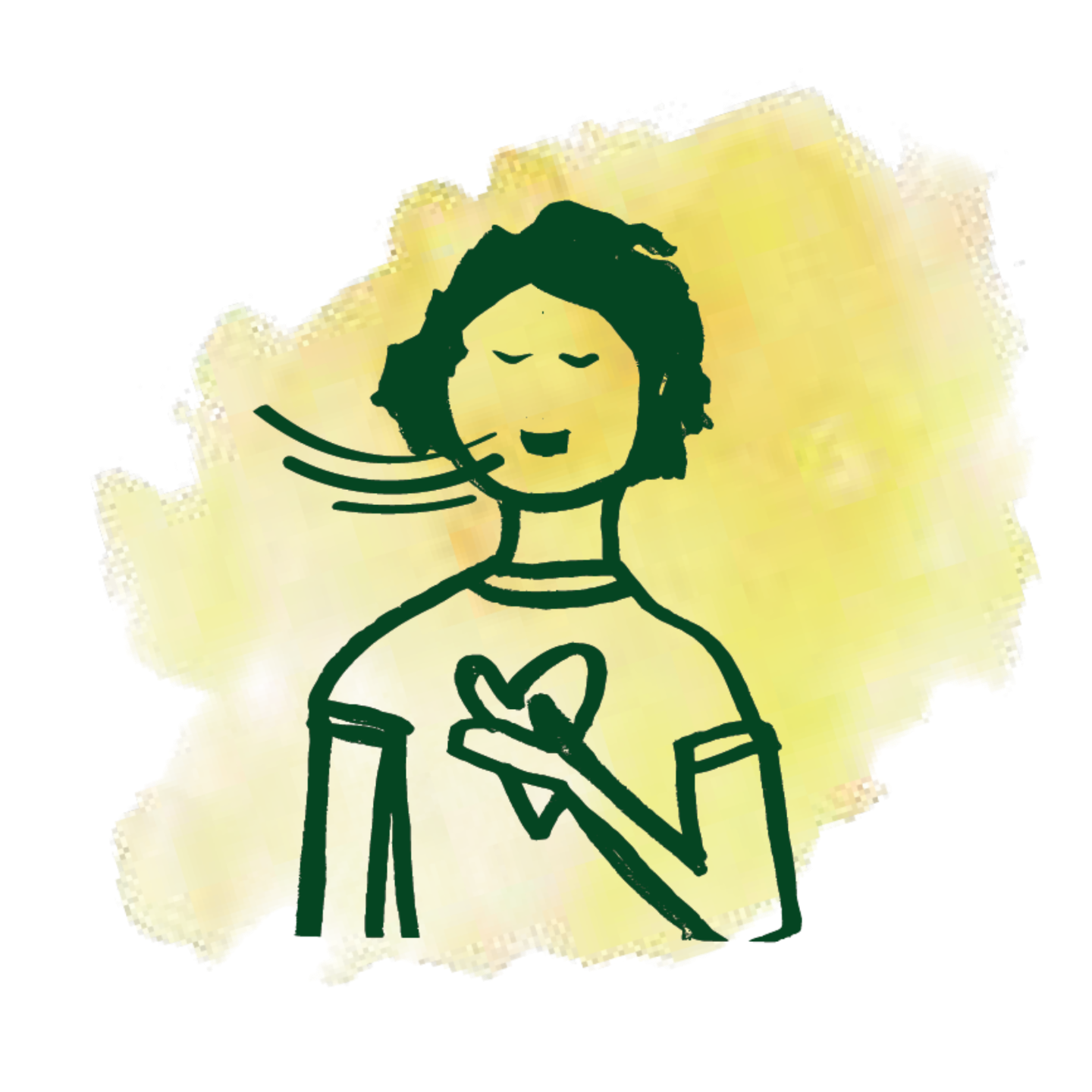 Illustrated caregiver with heart symbol against soft yellow pastel background