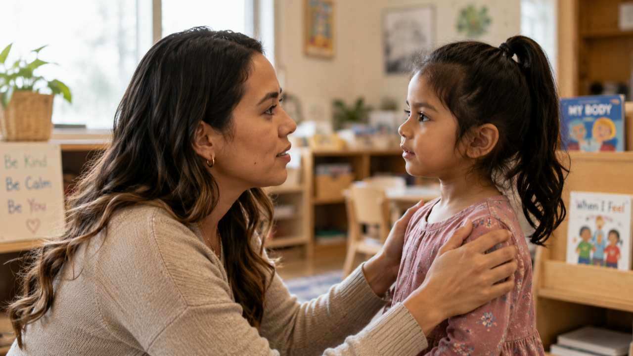 Early childhood educator practicing co-regulation with a preschool student in the classroom.