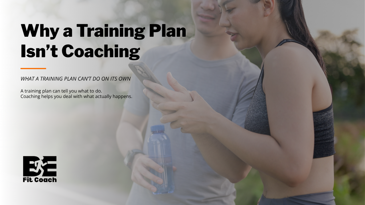 Runner and coach reviewing a training plan on a phone, with text explaining why a training plan is not the same as coaching.