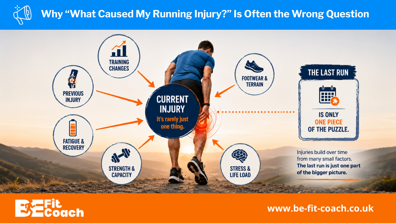 BE Fit Coach graphic asking “What caused my running injury?” and explaining that the last thing that happened is not always the whole explanation.