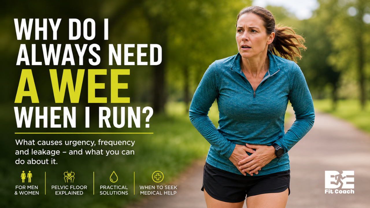 Woman runner on a park path holding her lower abdomen, with text asking why runners need to wee and mentioning urgency, frequency, leakage, pelvic-floor support and medical help.