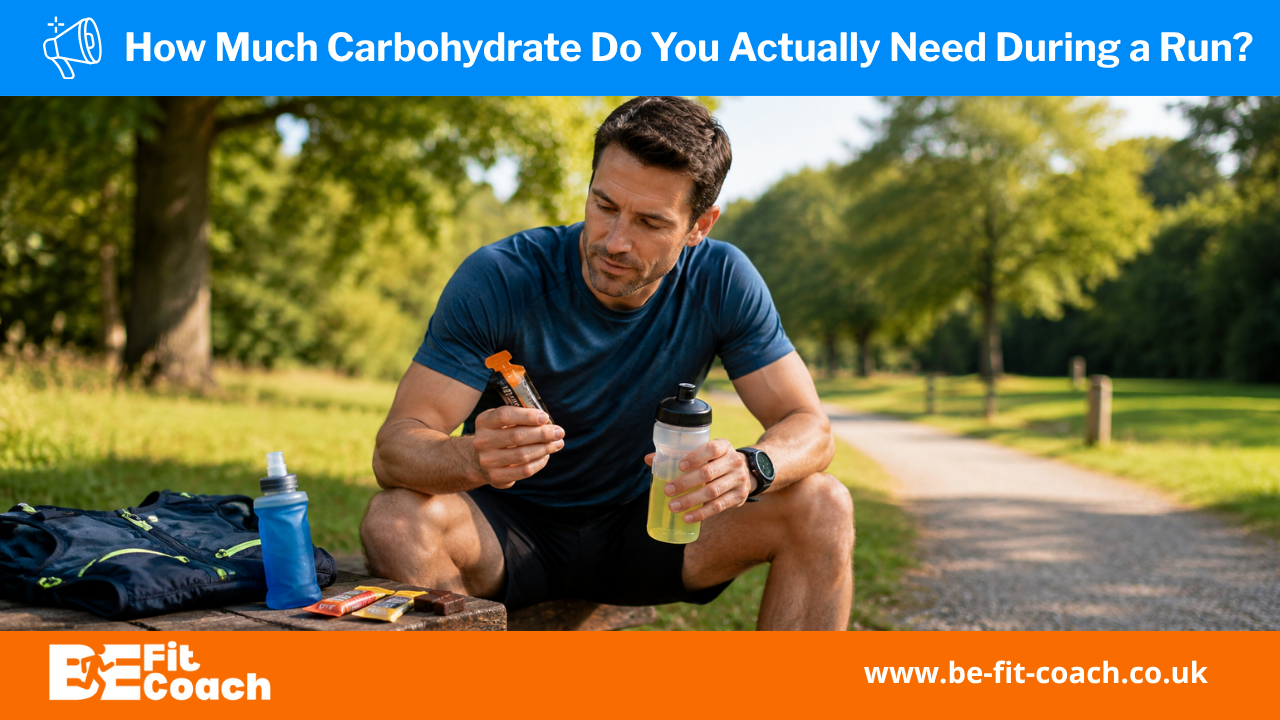 Recreational runner preparing for a run, holding an energy gel and sports drink beside other fuelling options on a park trail.