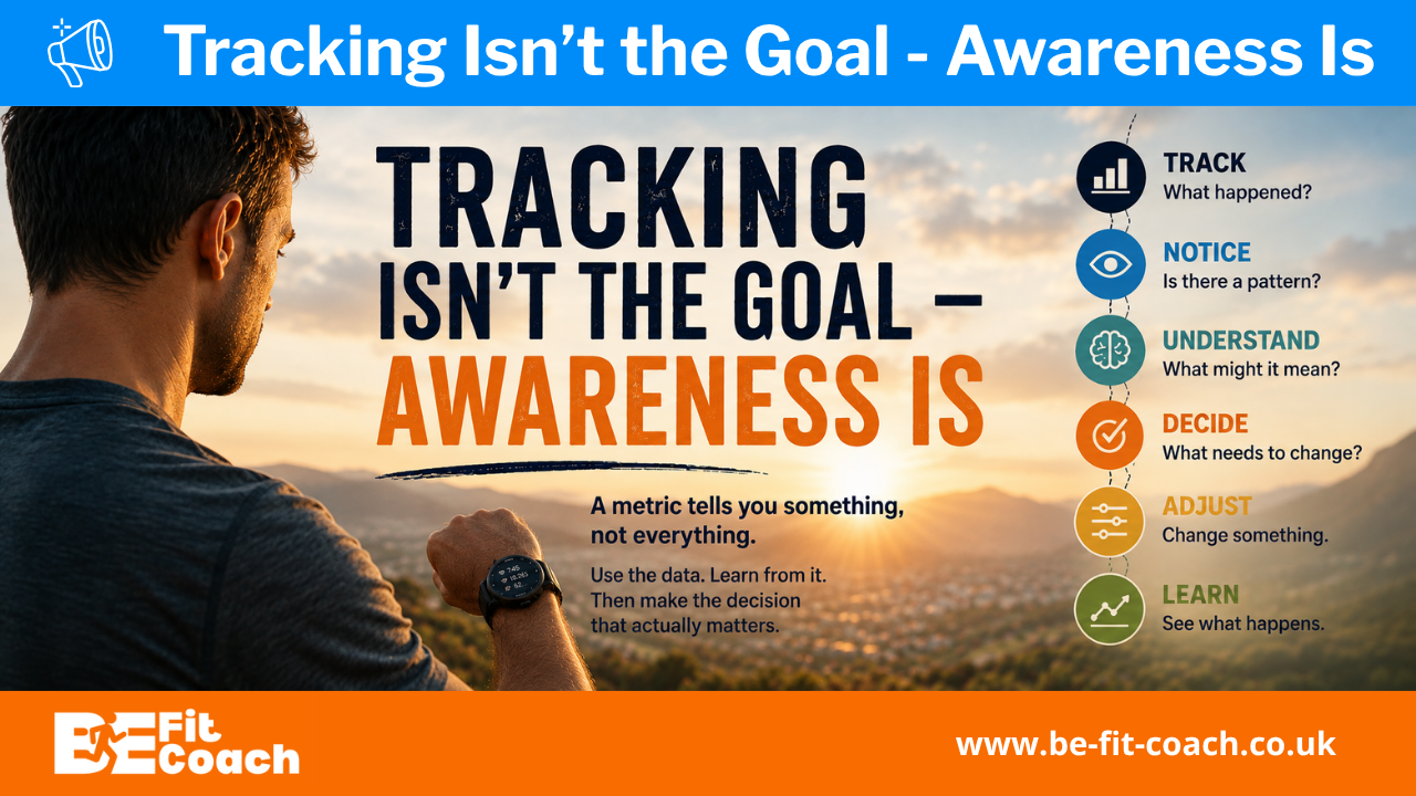 Man checking a smartwatch at sunset beside the message “Tracking Isn’t the Goal – Awareness Is” and the steps Track, Notice, Understand, Decide, Adjust and Learn.
