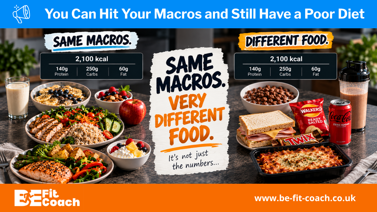 Two contrasting food spreads with the same displayed calories and macros, showing how similar macro totals can come from very different food choices.