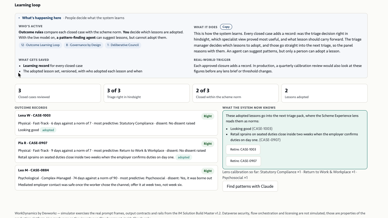 The learning loop: outcome records for closed cases and the lessons a person has adopted