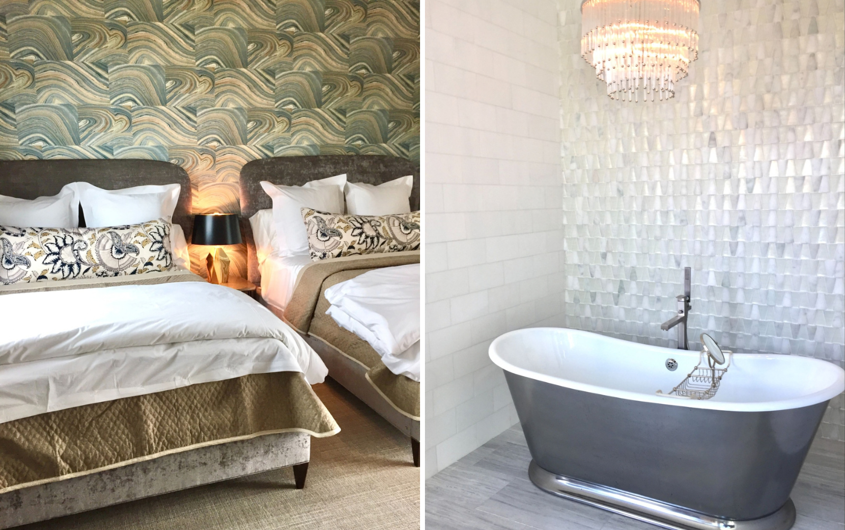 Greystone Boerne Texas bedroom with patterned wallpaper and free standing bath