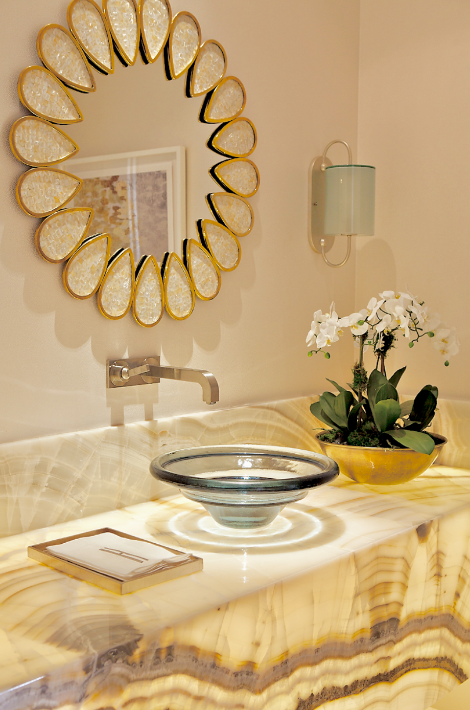 Via Pisa La Quinta California powder room with onyx detail