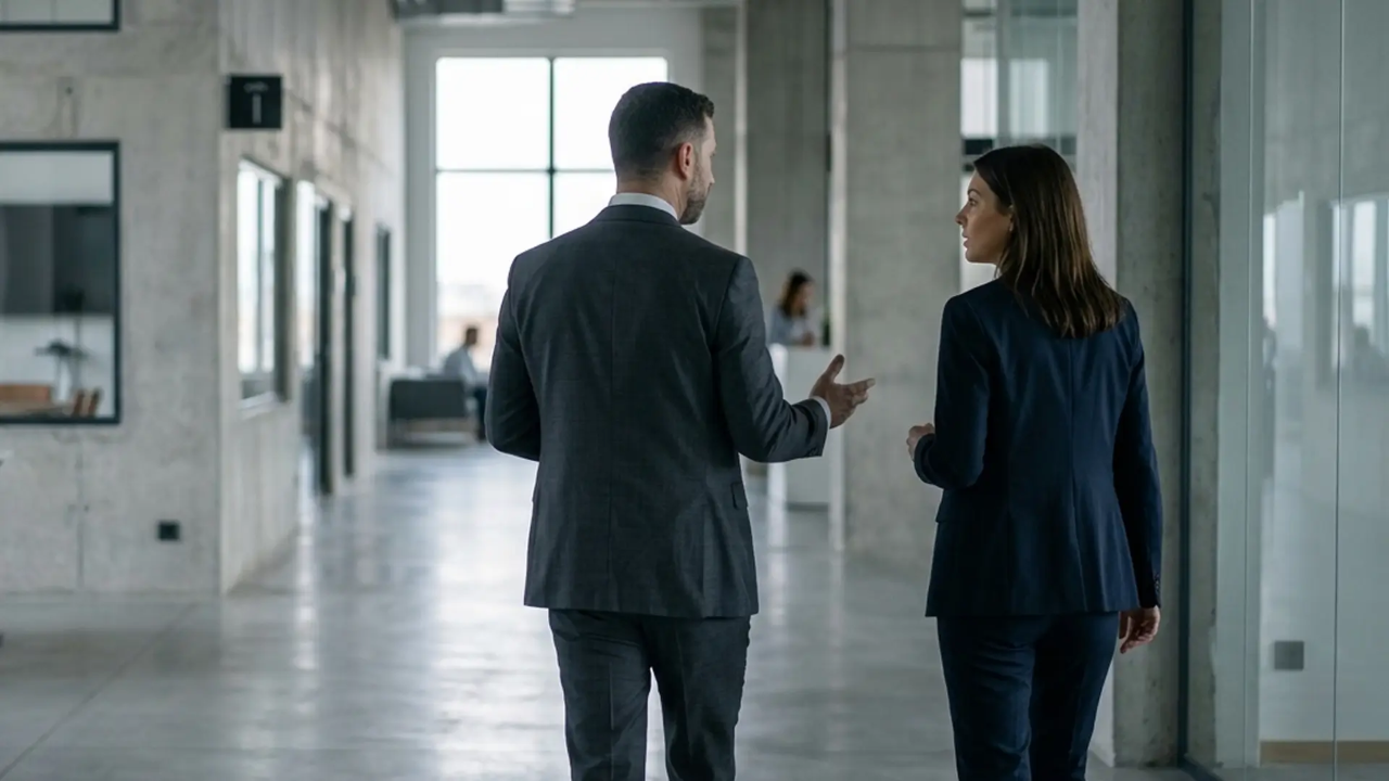 Image de couverture de l'article : Managers, vous croyez donner du feedback mais vous faites autre chose — deux professionnels en conversation au bureau