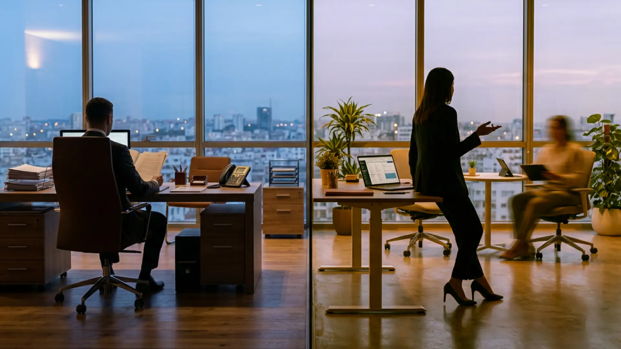 Scène de bureau au Maroc montrant la différence entre management Gen Z et management senior, illustrant deux approches générationnelles du leadership en entreprise.
