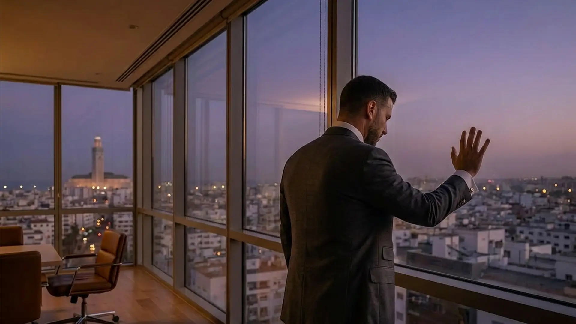 Cadre dirigeant marocain face à la skyline de Casablanca en fin de journée — burnout silencieux et épuisement professionnel des cadres au Maroc