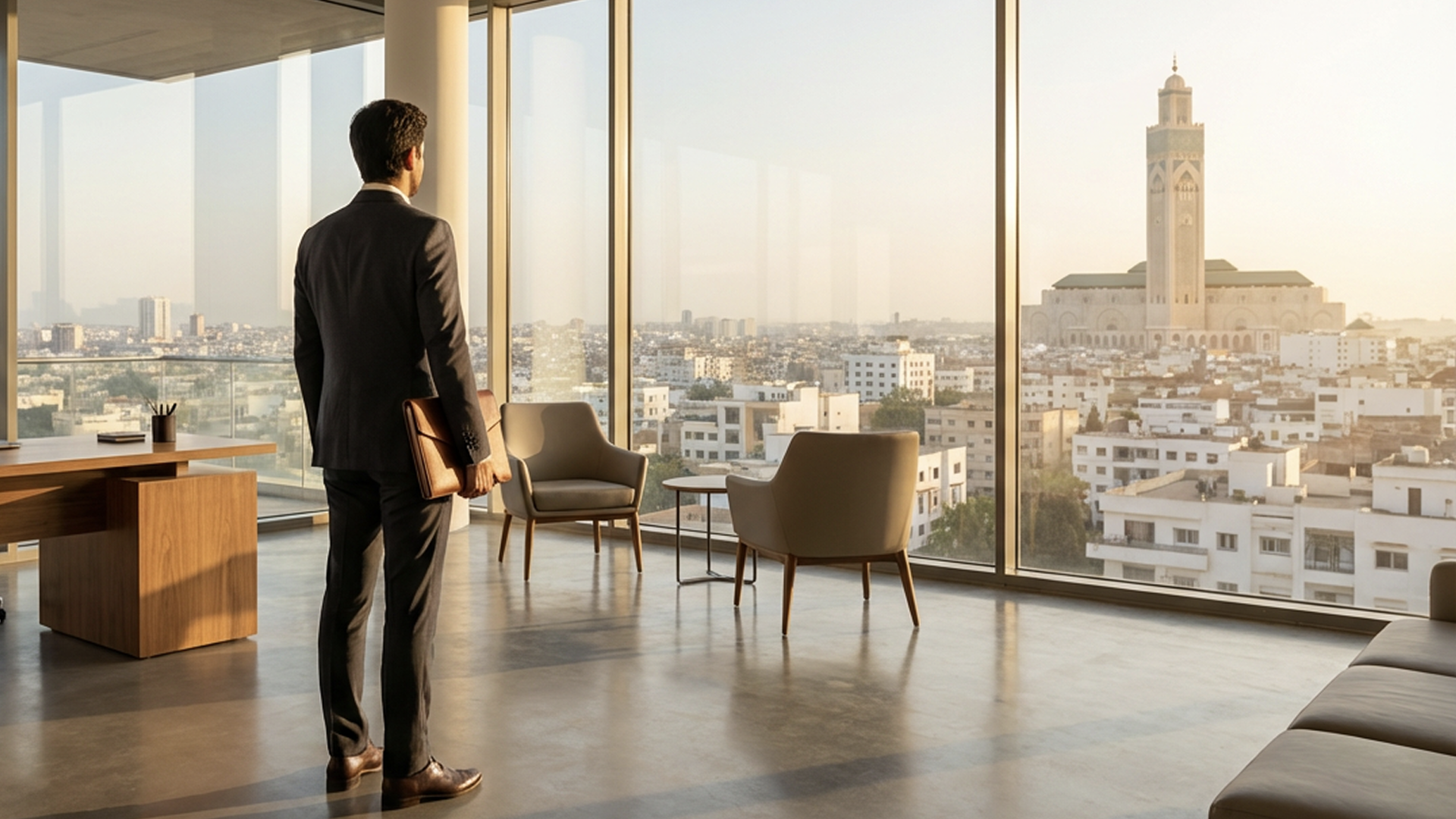 Professionnel dans un bureau moderne avec vue sur Casablanca et la Mosquée Hassan II, représentant l'essor du coaching de leadership et la transformation digitale au Maroc.