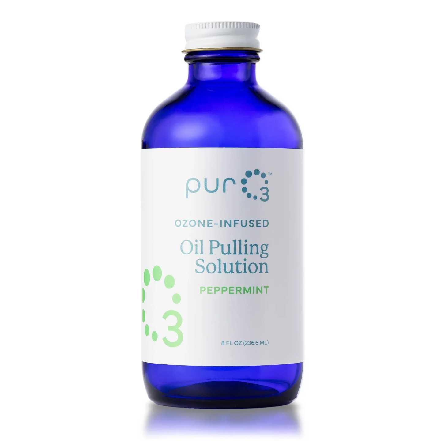 Ozone-infused oil pulling solution bottle