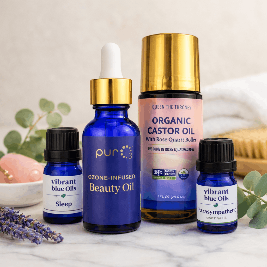 Holistic wellness products including ozone-infused beauty oil, castor oil, and essential oils