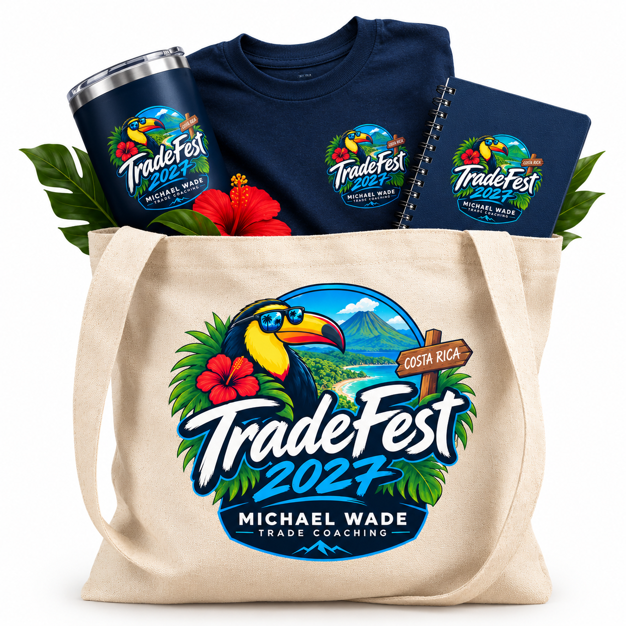 MWTC care package: TradeFest 2027 tote bag, T-shirt, tumbler and notebook
