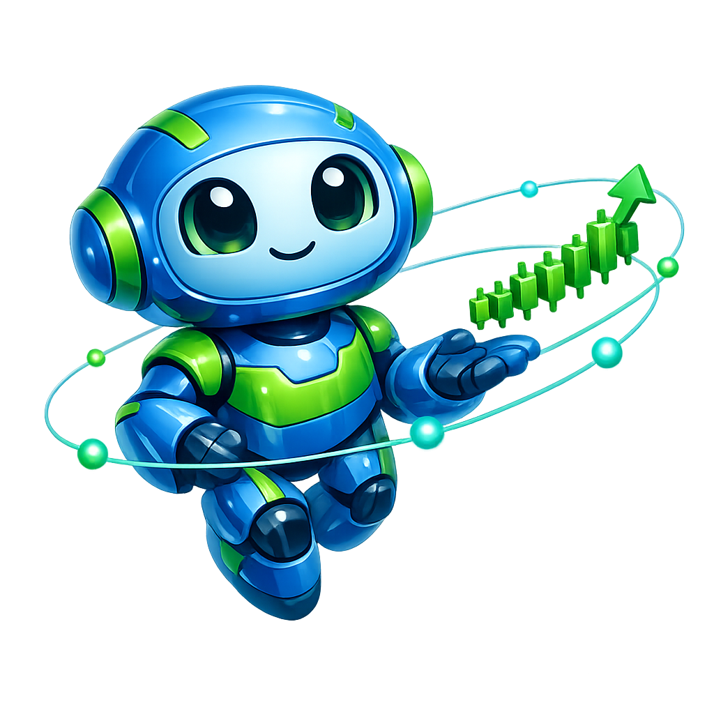 Trade Club AI friendly robot mascot holding a rising green candlestick chart