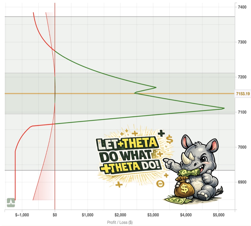 The actual Baby Rhino risk graph on SPX — a wide profit tent with a flat T+0 line