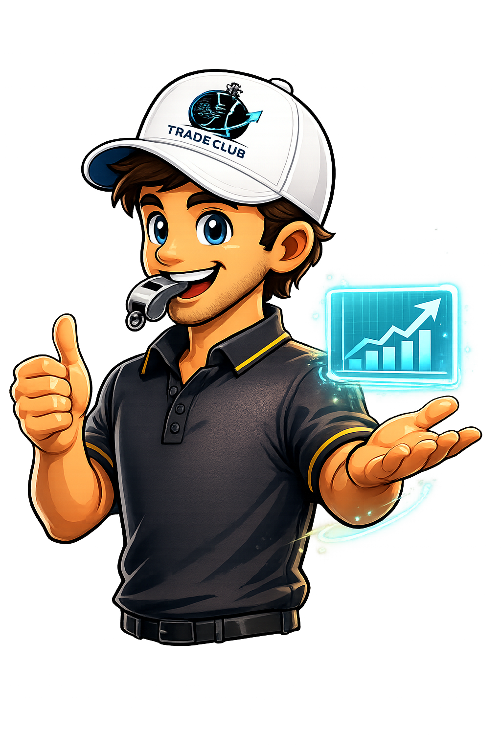 Trade Club AI friendly robot mascot holding a rising green candlestick chart
