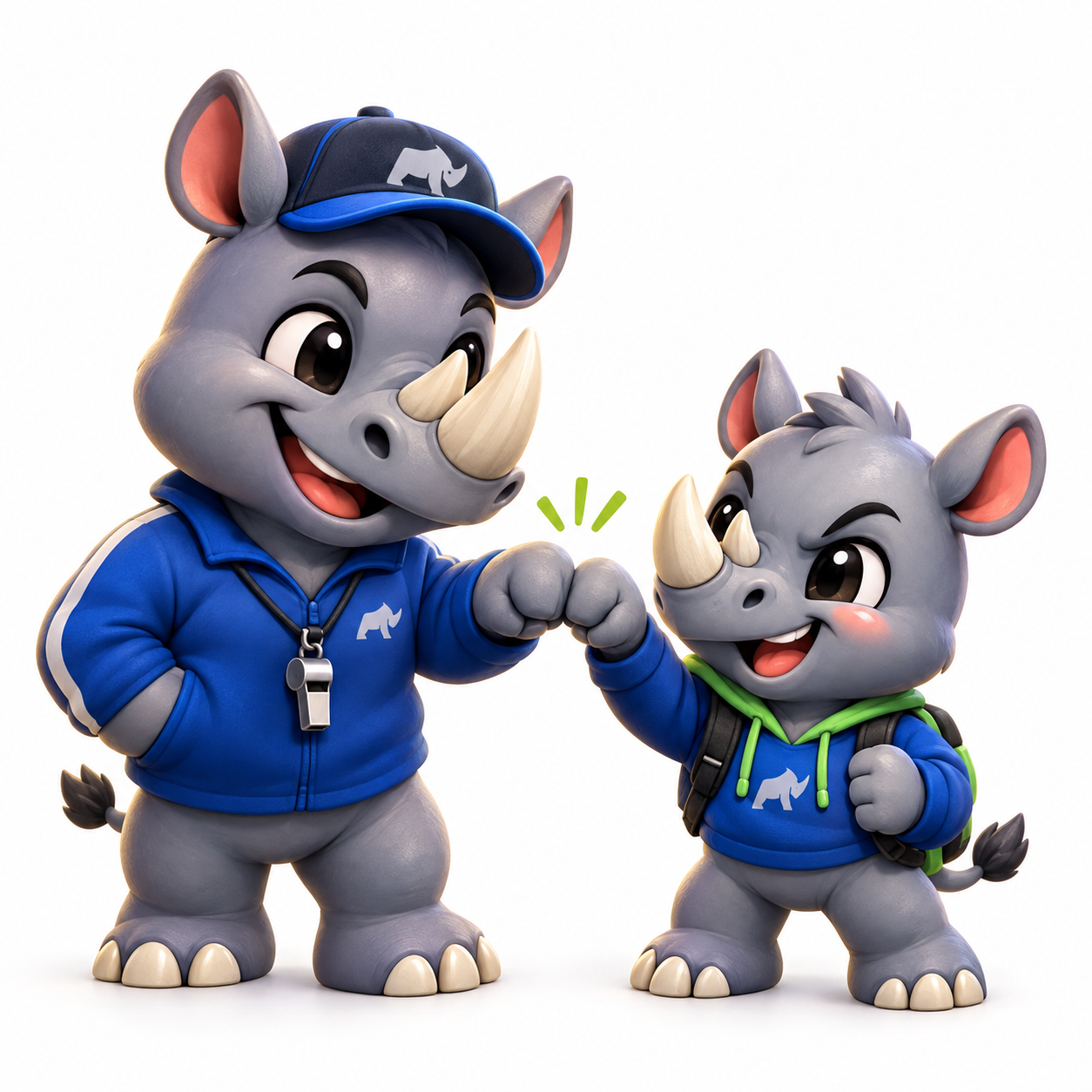 Mike and Baby Rhino, coach and trader, fist bump