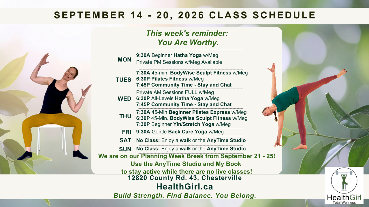 HealthGirl Studio yoga, Pilates and fitness class schedule for September 14–20, 2026, in Chesterville, Ontario, featuring Hatha Yoga, Pilates, BodyWise Fitness, Yin Yoga and Back Care Yoga.
