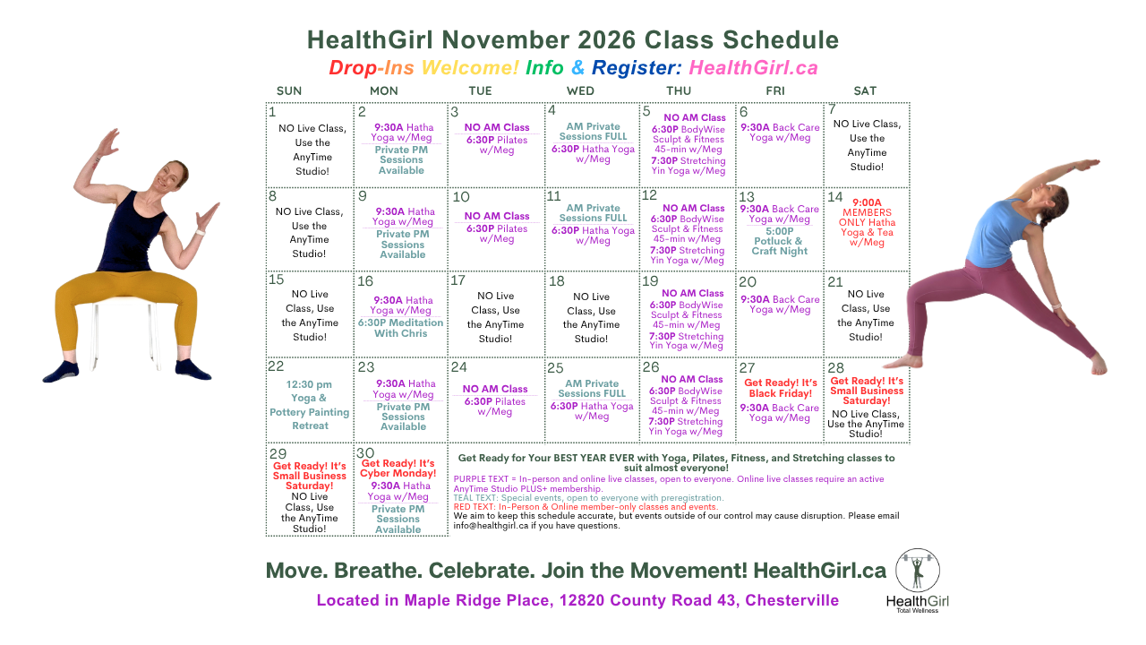 HealthGirl Studio November 2026 calendar of yoga, Pilates and fitness classes in Chesterville, Ontario, including meditation, a crochet potluck, yoga and pottery retreat, and Black Friday events.