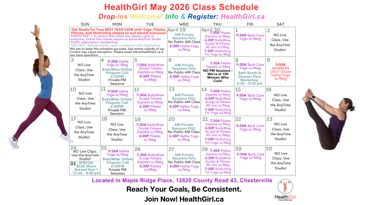 may 2026 class and workshop schedule at healthgirl yoga fitness pilates workshops
