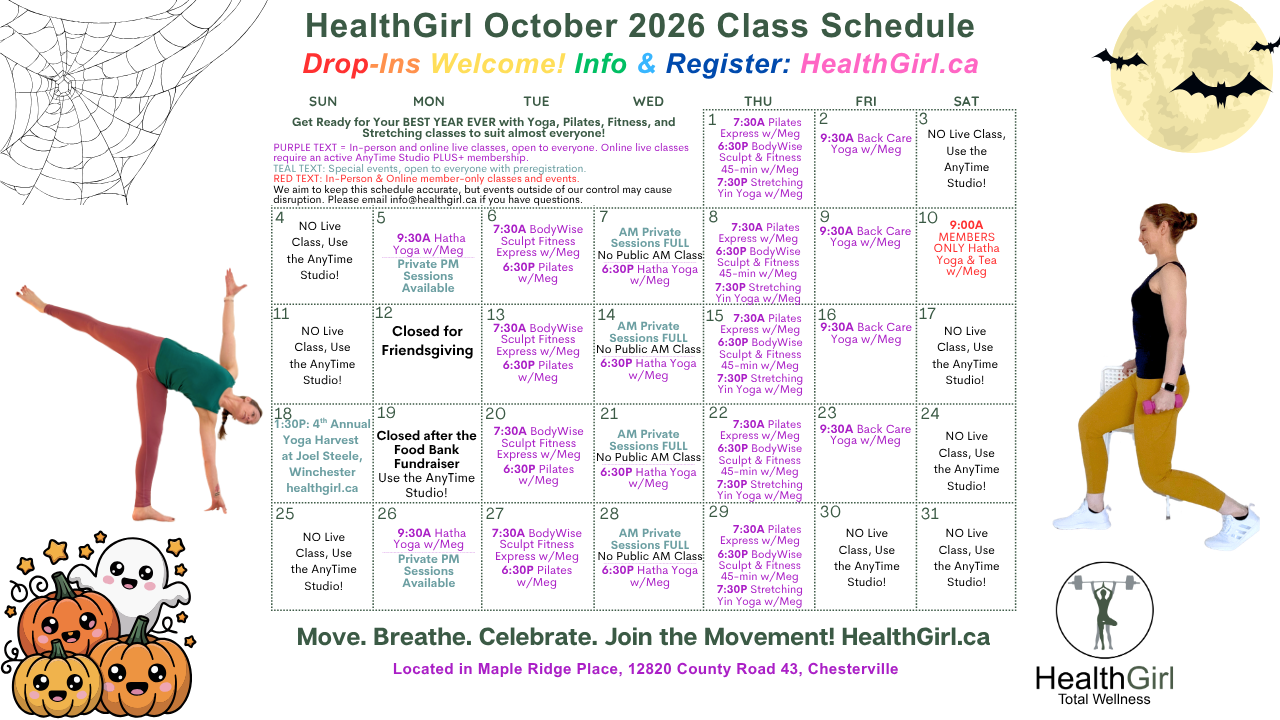 October 2026 yoga, Pilates and fitness class schedule at HealthGirl Studio in Chesterville, North Dundas, Ontario.