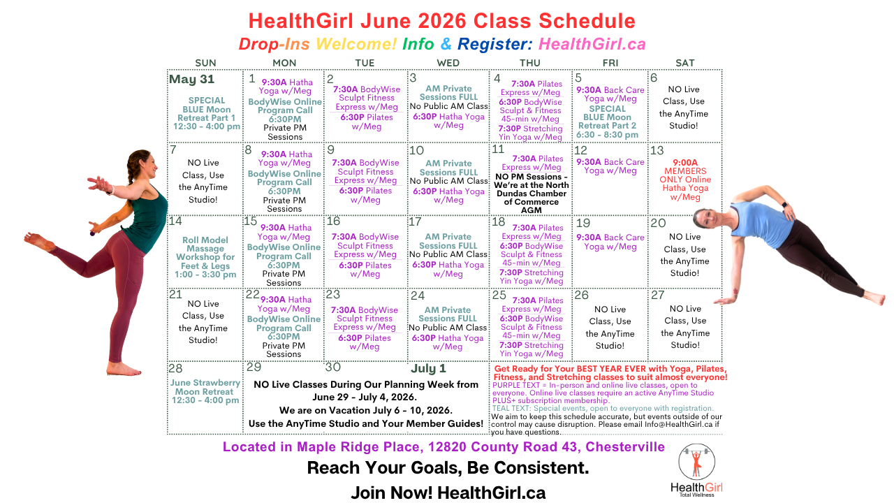 june 2026 class schedule health girl studio yoga pilates fitness classes moon retreat massage workshop healthgirl.ca