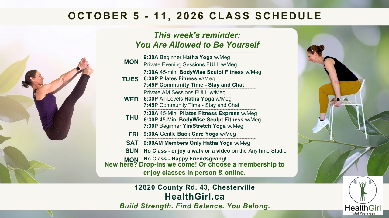 HealthGirl Studio yoga, Pilates and fitness schedule for October 5–11, 2026, in Chesterville, Ontario, featuring yoga and seated strength exercise variations.