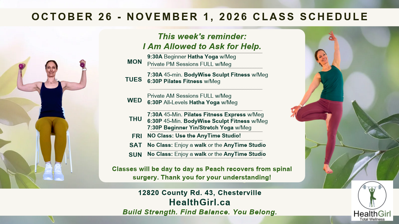 HealthGirl Studio yoga, Pilates and fitness schedule for October 26 to November 1, 2026, in Chesterville, Ontario, with seated strength exercise and tree pose demonstrations. Classes subject to change.