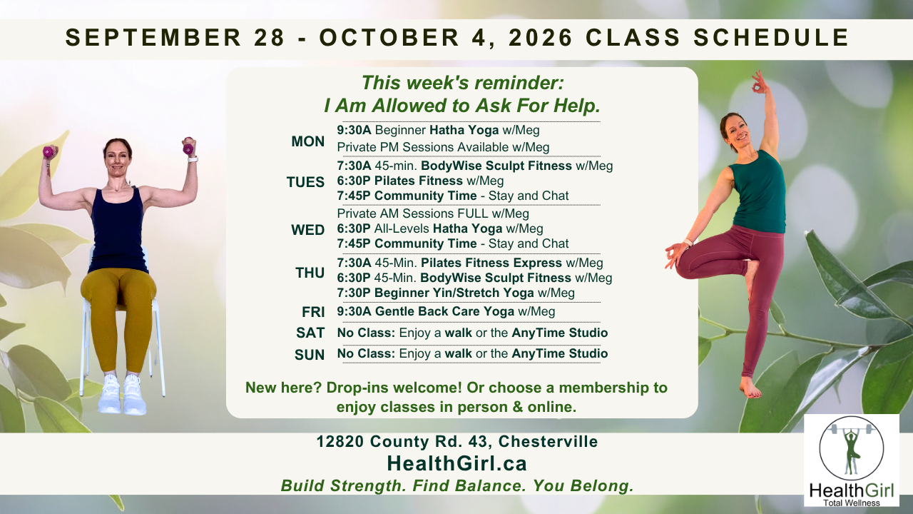 HealthGirl Studio yoga, Pilates and fitness class schedule for September 28 to October 4, 2026, in Chesterville, Ontario, with Meg demonstrating chair fitness and tree pose.