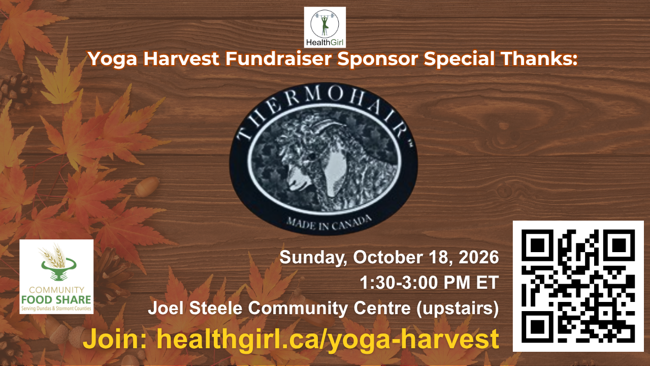 Yoga Harvest 2026 Community Champion sponsor thank-you graphic featuring Thermohair, a South Mountain Ontario mohair producer, supporting Community Food Share.