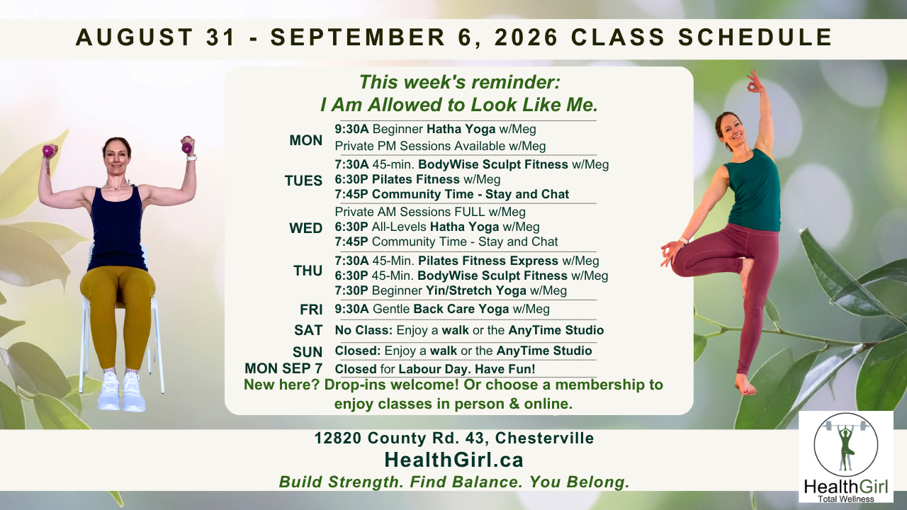 HealthGirl yoga, Pilates and fitness class schedule in Chesterville, North Dundas for August 31 - september 6, 2026, featuring Meg demonstrating chair strength training and Tree Pose